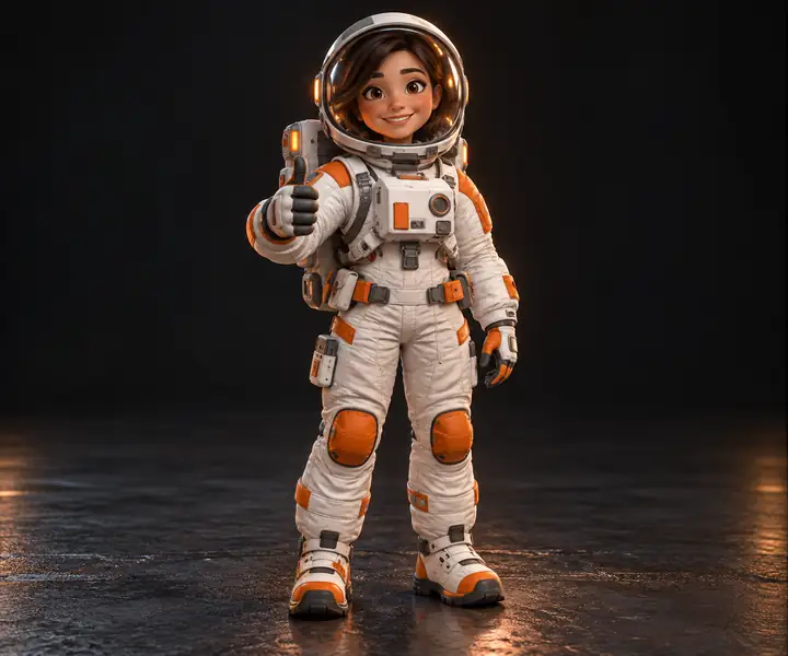 A friendly astronaut character in a white and orange suit, centered upright on a dark studio surface.