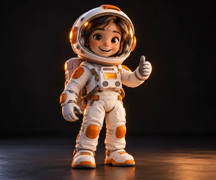 A friendly white and orange astronaut character standing upright in a dark studio, toy-like proportions and soft light.