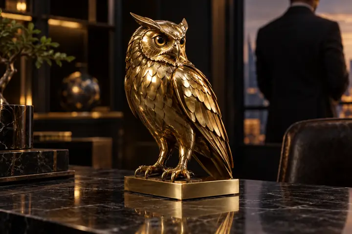 A polished brass owl model standing on a narrow base, three-quarter view, dark studio setting.