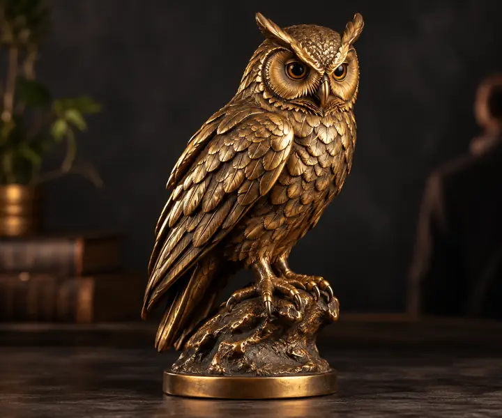 A detailed brass owl figurine standing on a small base against a charcoal studio background, warm metallic finish.