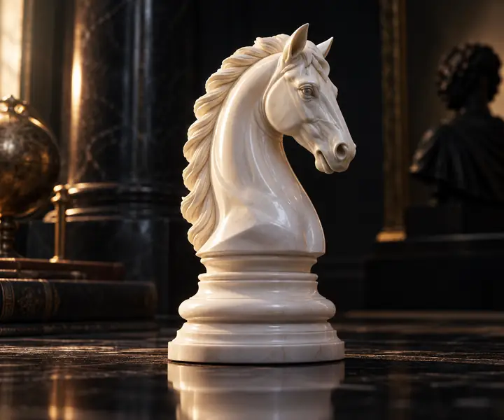 A white chess knight piece with carved mane and stepped base, shown upright in a dark studio.