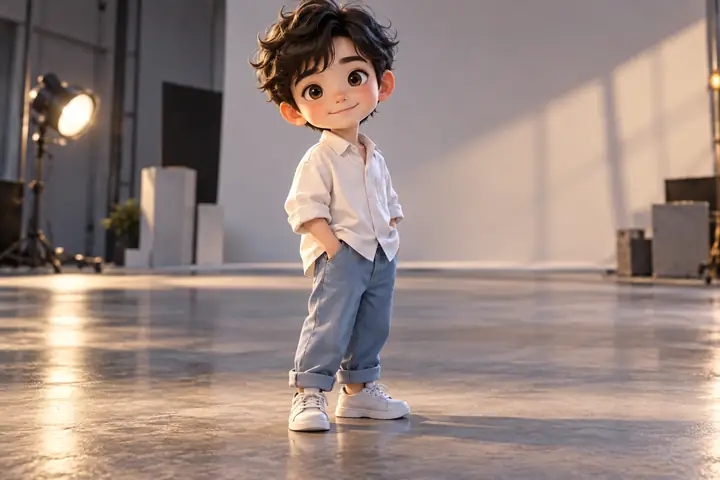 A small chibi boy character with dark hair, a pale shirt and blue trousers, standing on a studio floor.