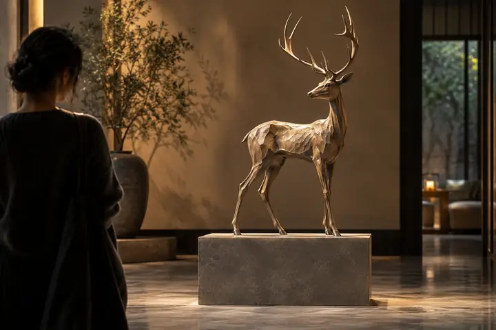 A slender deer figurine with tall antlers on a rectangular pedestal, warm neutral lighting.