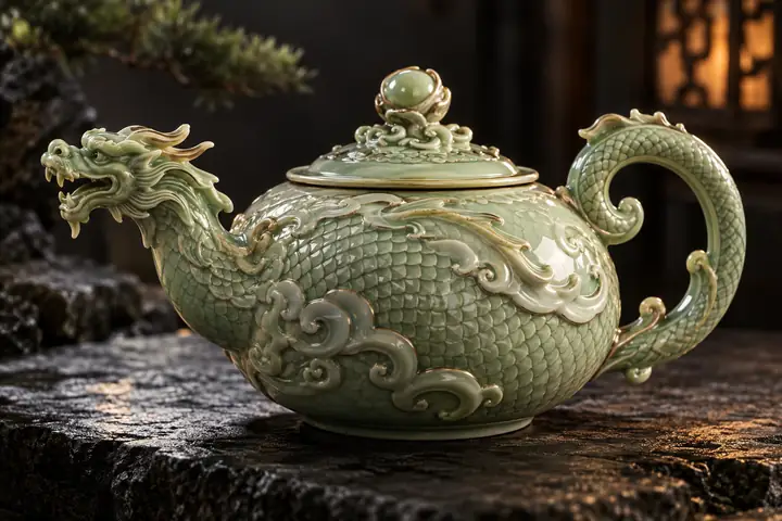 A pale green dragon teapot with curled handle and ornamental scales, isolated on a charcoal surface.
