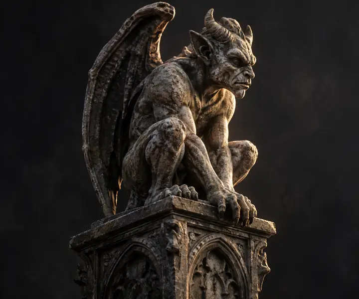 A stone gargoyle figurine perched on a pedestal, lit softly against a charcoal background.