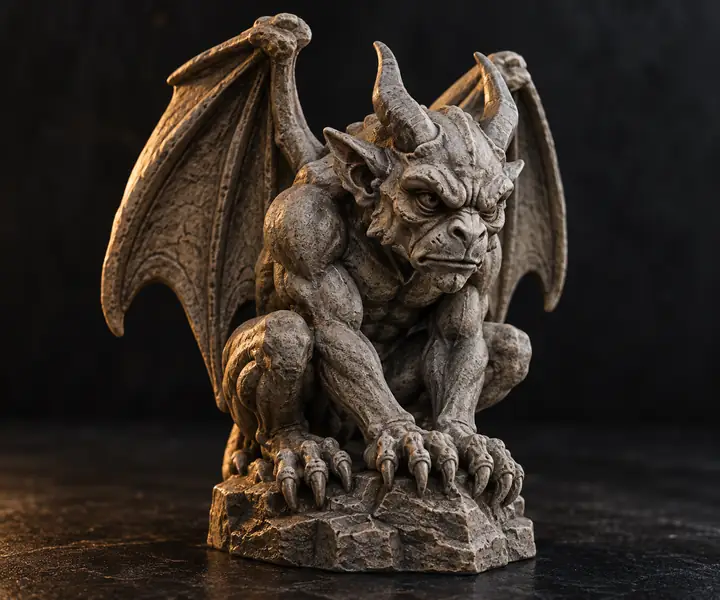 A compact stone gargoyle figurine on a dark studio surface, front three-quarter view, sculptural and print-ready.