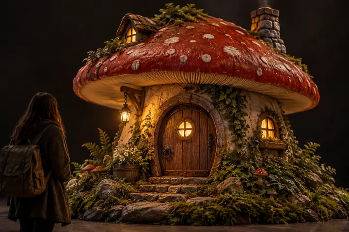 A whimsical mushroom house with a red cap roof, round door and mossy base, viewed in a dark studio.