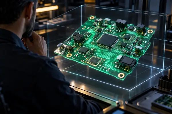 A green circuit board shown in a compact inspection interface with bright traces.