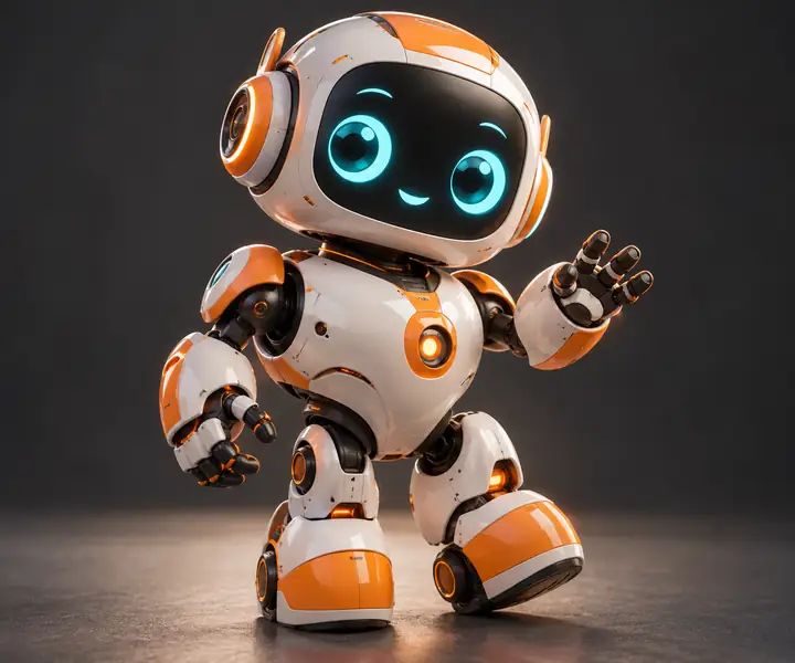 A rounded white and orange robot character with teal eyes, isolated against a graphite studio background.