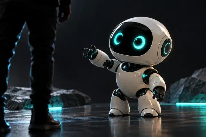 A small rounded robot character with a white shell and glowing teal eyes, isolated on a dark studio background.