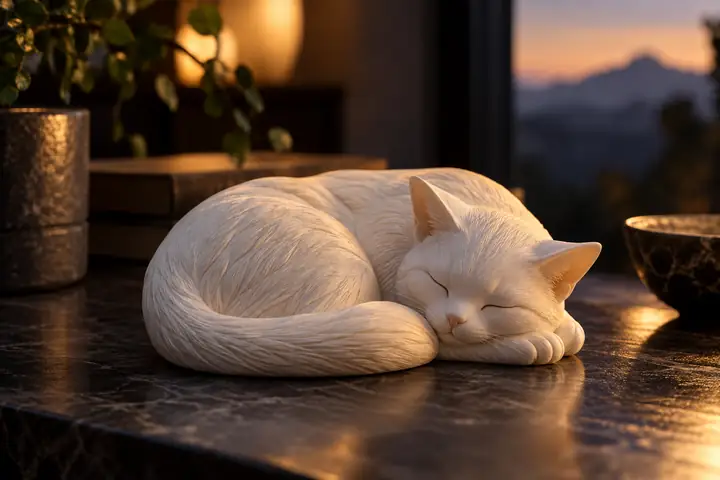 A curled white sleeping cat figurine resting on a dark surface, softly lit from the side.