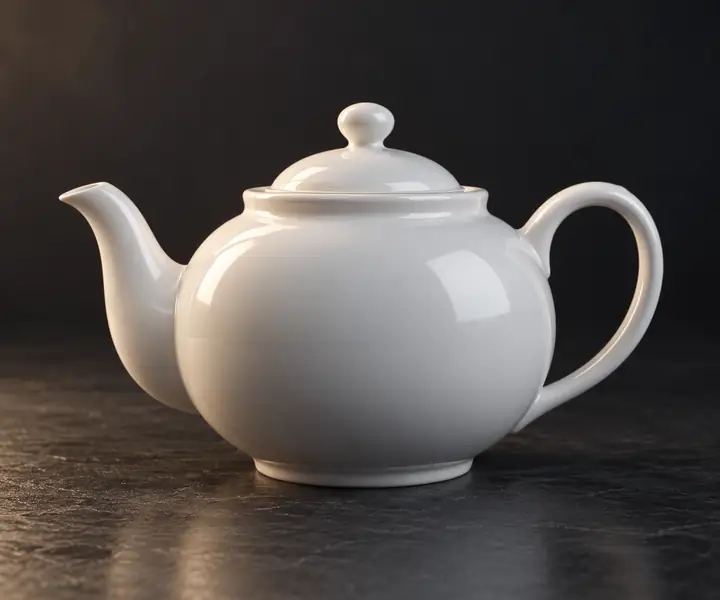 A classic white ceramic teapot with curved spout and lid, centered on a dark neutral background.