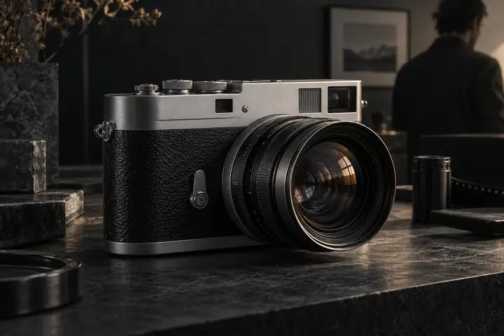A vintage rangefinder camera with a large lens, rendered in pale gray against a graphite background.