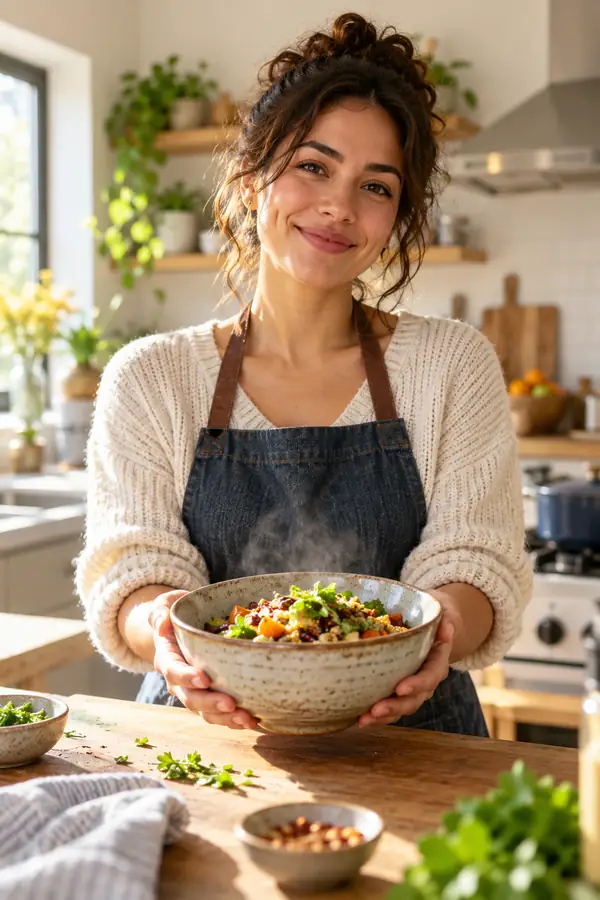 A smiling creative maker holding a warm bowl in a bright kitchen, vertical portrait framing.