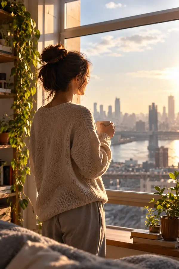 A young person standing by a bright window with a simple mug, calm vertical portrait.