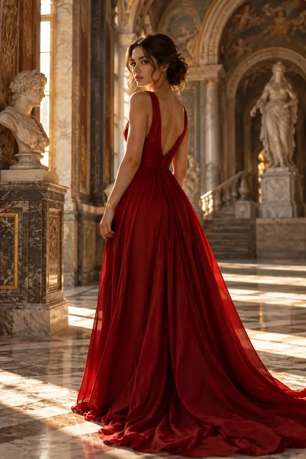 A woman in a long red dress standing in a historic interior, vertical editorial portrait.