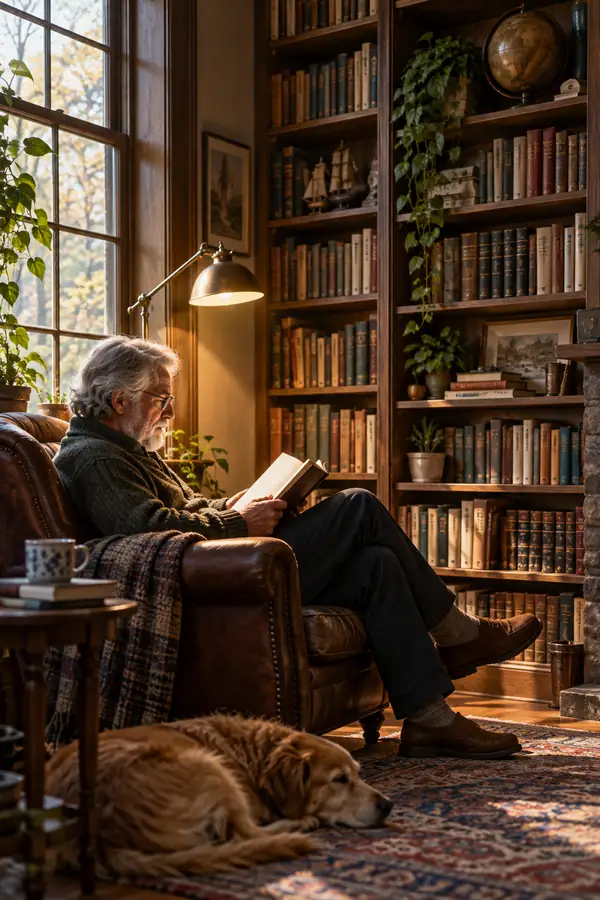 An older person reading beside a tall bookshelf in a softly lit room, vertical portrait.