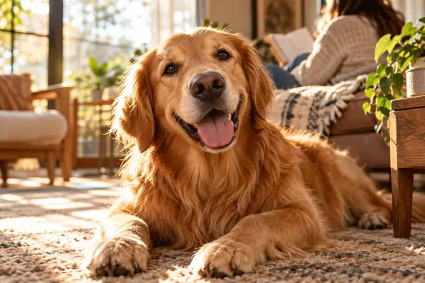 A golden retriever in a sunlit home interior, friendly close portrait with warm colors.