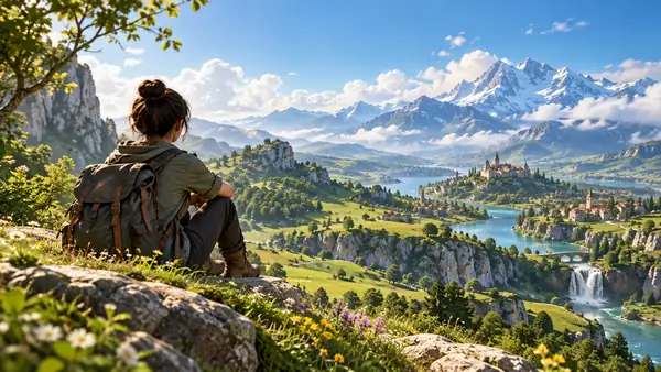 A colorful illustrated landscape with rolling green hills and a blue sky, wide storybook crop.