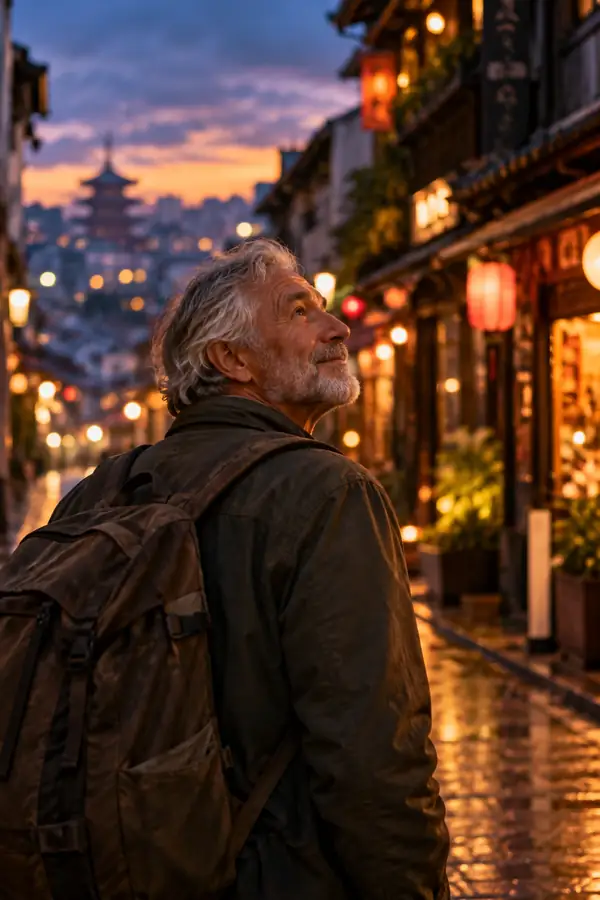 An older traveler standing on a city street near glowing shop signs, vertical evening portrait.