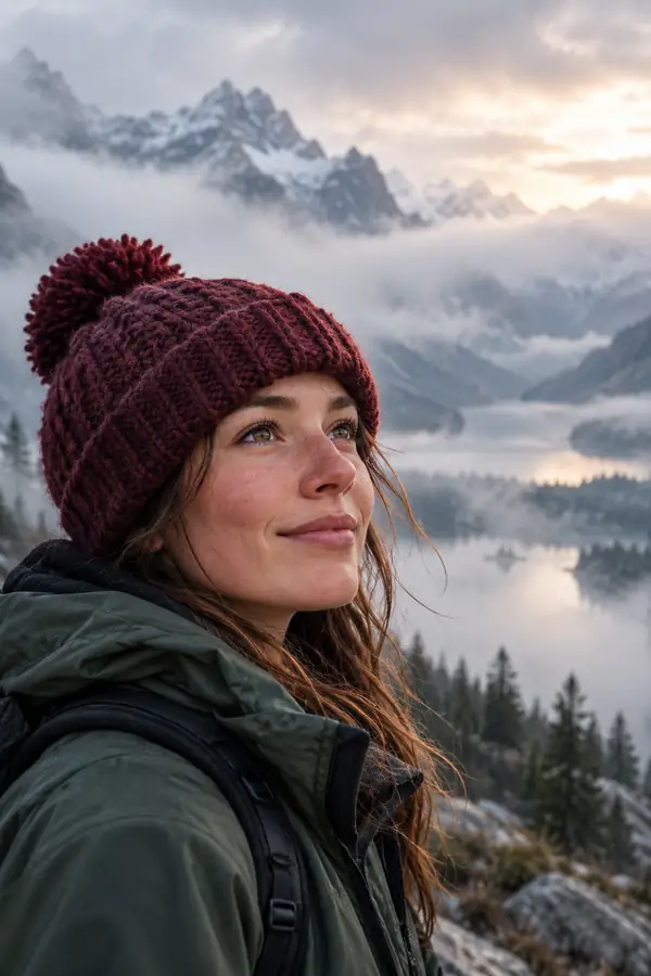 A person in a knitted winter hat outdoors in misty mountain weather, close vertical portrait.