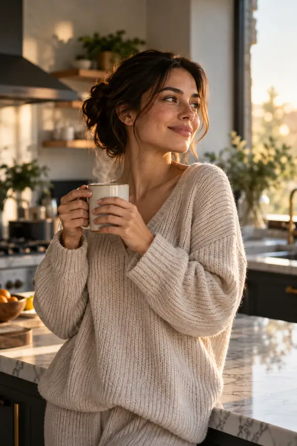 A woman holding a steaming mug in a softly lit modern kitchen, vertical portrait framing.