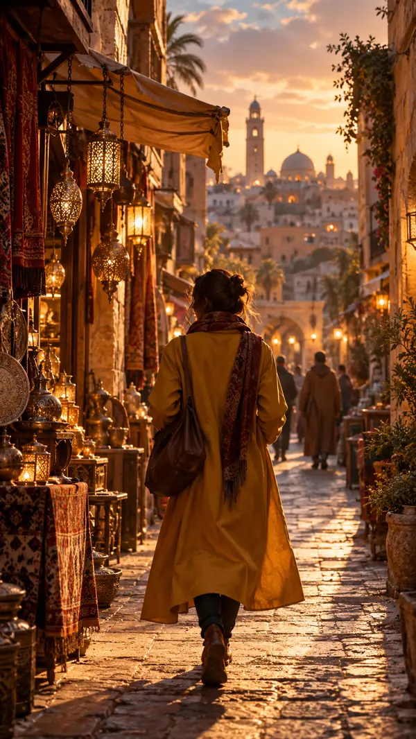 A person in a mustard coat walking through a warm market street, cinematic vertical scene.